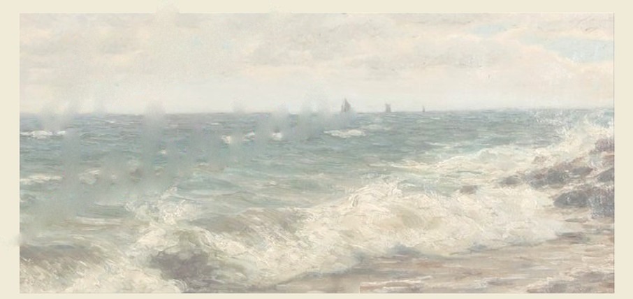 Luke + Sabrina, handwritten in red over a painting of waves breaking on a rocky shore